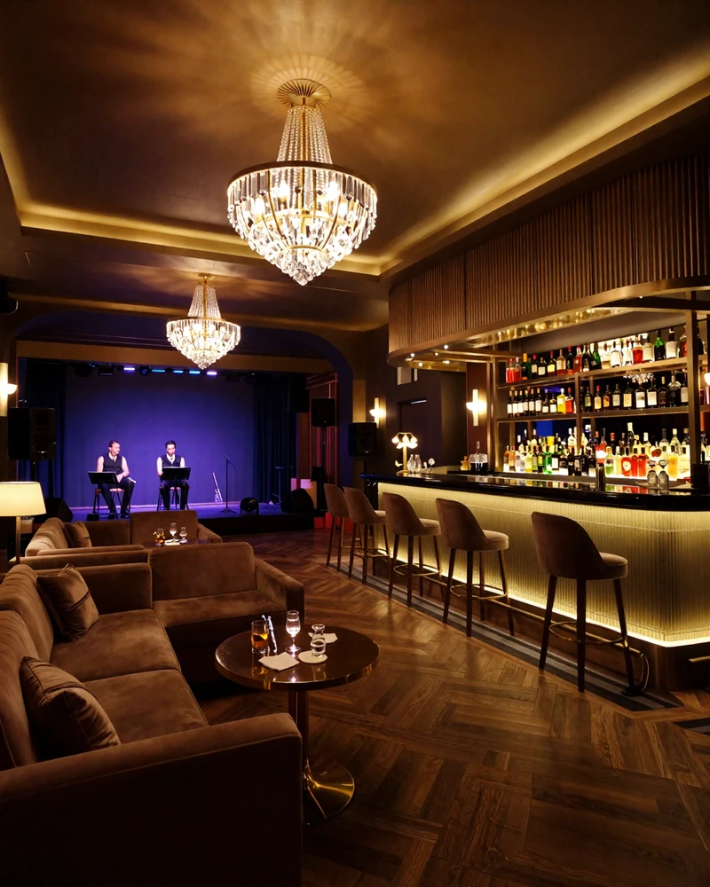 Πολυτελές lounge bar Helios Grand με ατμοσφαιρικό φωτισμό και σκηνή ζωντανής μουσικής